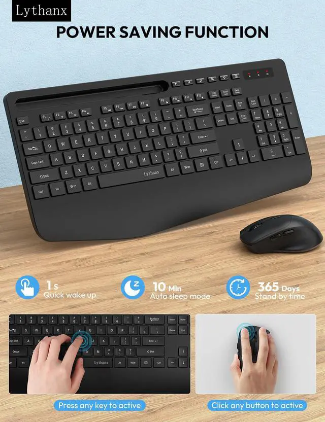 Alt view image 5 of 7 - Wireless Keyboard and Mouse Combo, Ergonomic Full-Size Keyboard with Wrist Rest, Silent 2.4GHz Cordless Set, Phone Holder, Sleep Mode, for Computer, Laptop, PC, Mac, Windows