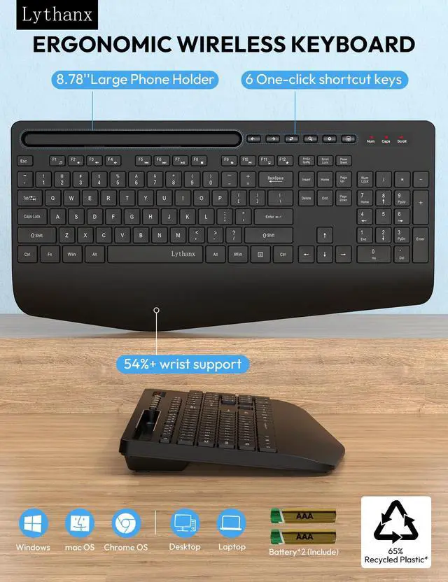 Alt view image 7 of 7 - Wireless Keyboard and Mouse Combo, Ergonomic Full-Size Keyboard with Wrist Rest, Silent 2.4GHz Cordless Set, Phone Holder, Sleep Mode, for Computer, Laptop, PC, Mac, Windows