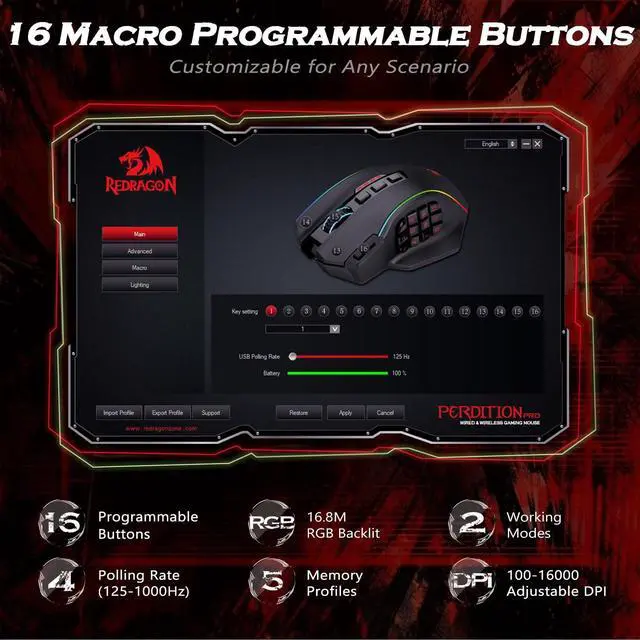 Alt view image 3 of 7 - Wireless Gaming Mouse, MMO Gaming Mouse UP 16,000 DPI, 16 Macro Programmable Buttons, RGB Rechargeable with 12 Side Buttons, 70Hrs for PC Laptop MOBA FPS, M901P-KS