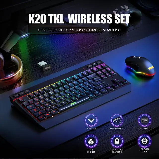 Alt view image 2 of 7 - K20 TKL Wireless Keyboard and Mouse Combo, Adjustable RGB Backlit Rechargeable Battery, Compact Layout Keyboard with Dedicated Multimedia Keys + Optical Mice for PC/Laptop(Black)