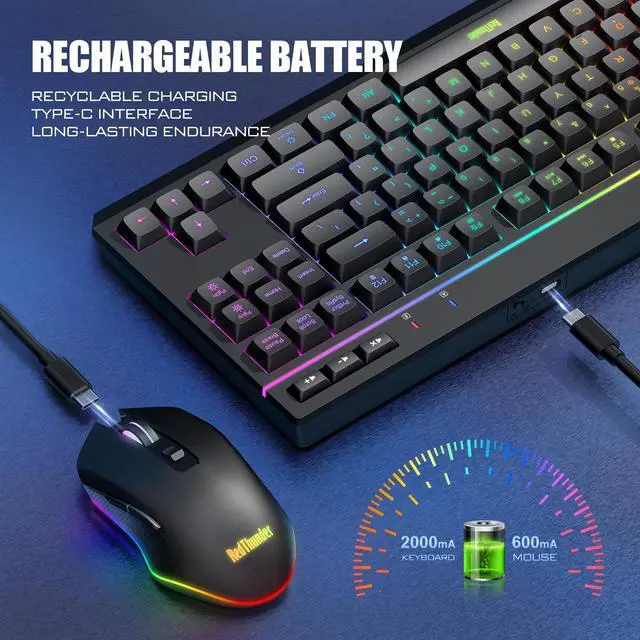Alt view image 3 of 7 - K20 TKL Wireless Keyboard and Mouse Combo, Adjustable RGB Backlit Rechargeable Battery, Compact Layout Keyboard with Dedicated Multimedia Keys + Optical Mice for PC/Laptop(Black)