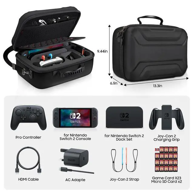 Alt view image 7 of 7 - Storage Case for Nintendo Switch 2 (2025), Hard Shell Full Protection All In One Travel Carrying Case with 23 Game Card & 2 Micro SD Card Slots, for Switch 2 Accessories Pro Controller (Black)