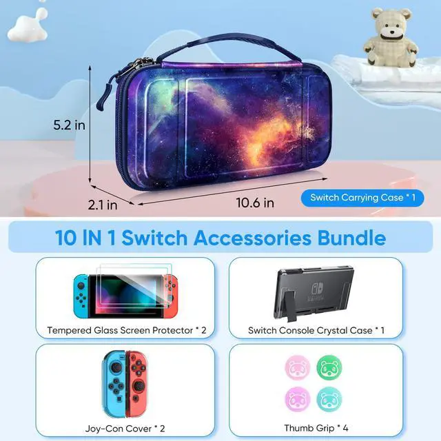 Alt view image 2 of 7 - Nintendo Switch Accessories Bundle, 10 in 1 Switch (NOT OLED/Lite) Accessories Kit with Carrying Case, Soft TPU Clear Cover, Screen Protector and Joy-Con Thumb Grip, Galaxy