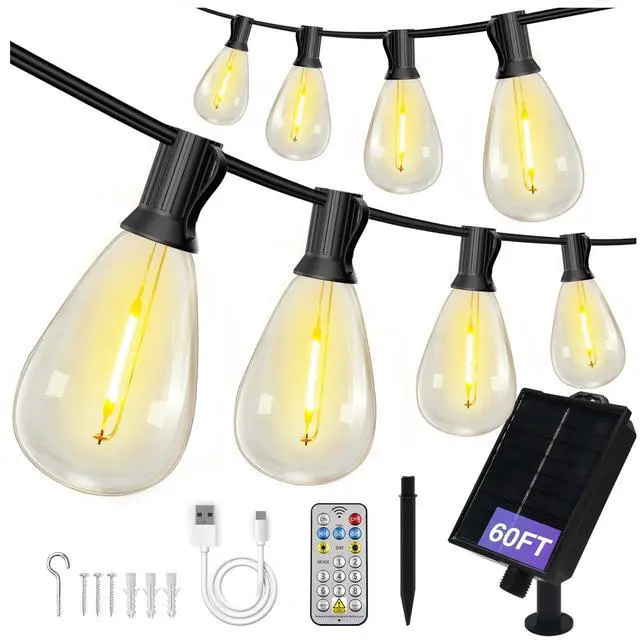 Main image of 60FT Solar String Lights Outdoor Waterproof with Remote & USB Port Dimmable & Timmer,Solar Patio Lights 18+1 LED Shatterproof S14 Bulbs 8 Light Modes,String Lights for Outside Backyard
