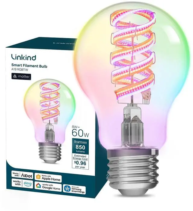 Main image of Matter Smart Light Bulbs, Works with Alexa/Apple Home/Google Home, A19 Smart Edison Bulb with Music Sync & Light Show, Warm&Daylight White(1800K-6500K), E26 LED 60W Eqv 850LM, 1Pack