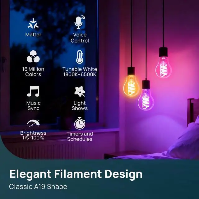 Alt view image 2 of 7 - Matter Smart Light Bulbs, Works with Alexa/Apple Home/Google Home, A19 Smart Edison Bulb with Music Sync & Light Show, Warm&Daylight White(1800K-6500K), E26 LED 60W Eqv 850LM, 1Pack