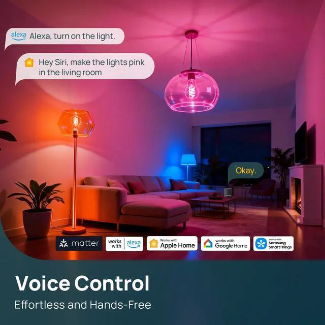 Alt view image 3 of 7 - Matter Smart Light Bulbs, Works with Alexa/Apple Home/Google Home, A19 Smart Edison Bulb with Music Sync & Light Show, Warm&Daylight White(1800K-6500K), E26 LED 60W Eqv 850LM, 1Pack