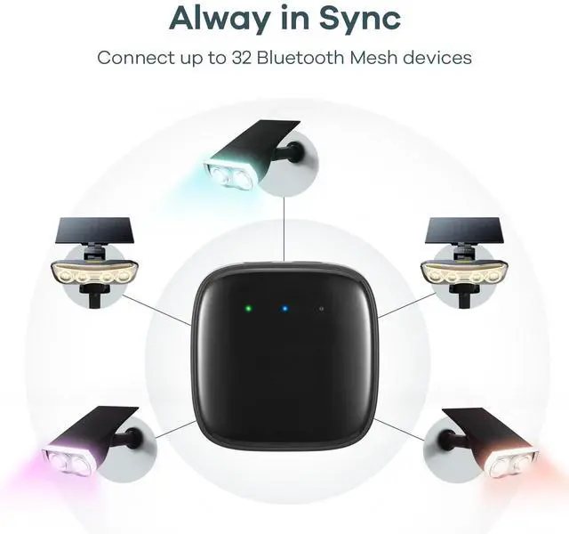 Alt view image 6 of 7 - Outdoor Lights Smart Hub, Bluetooth Mesh Networks Group Control 32 Devices, 43 Dynamic Preset Scenes and Multiple Music via Remote Control, USB Charged, Work with Alexa and Google Assistant