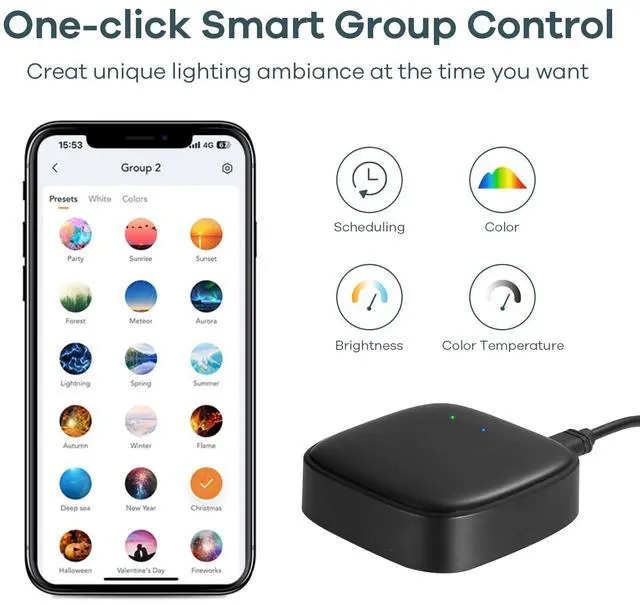 Alt view image 7 of 7 - Outdoor Lights Smart Hub, Bluetooth Mesh Networks Group Control 32 Devices, 43 Dynamic Preset Scenes and Multiple Music via Remote Control, USB Charged, Work with Alexa and Google Assistant