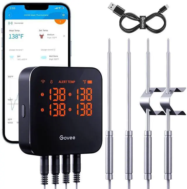 Main image of WiFi Meat Thermometer with 4 Probe, Smart Wireless Meat Thermometer with Unlimited Range App Notification Alert, Digital Rechargeable Bluetooth Food Thermometer for Smoker BBQ Grill Oven Kitchen