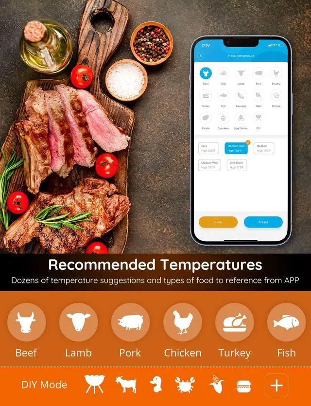 Alt view image 4 of 7 - WiFi Meat Thermometer with 4 Probe, Smart Wireless Meat Thermometer with Unlimited Range App Notification Alert, Digital Rechargeable Bluetooth Food Thermometer for Smoker BBQ Grill Oven Kitchen