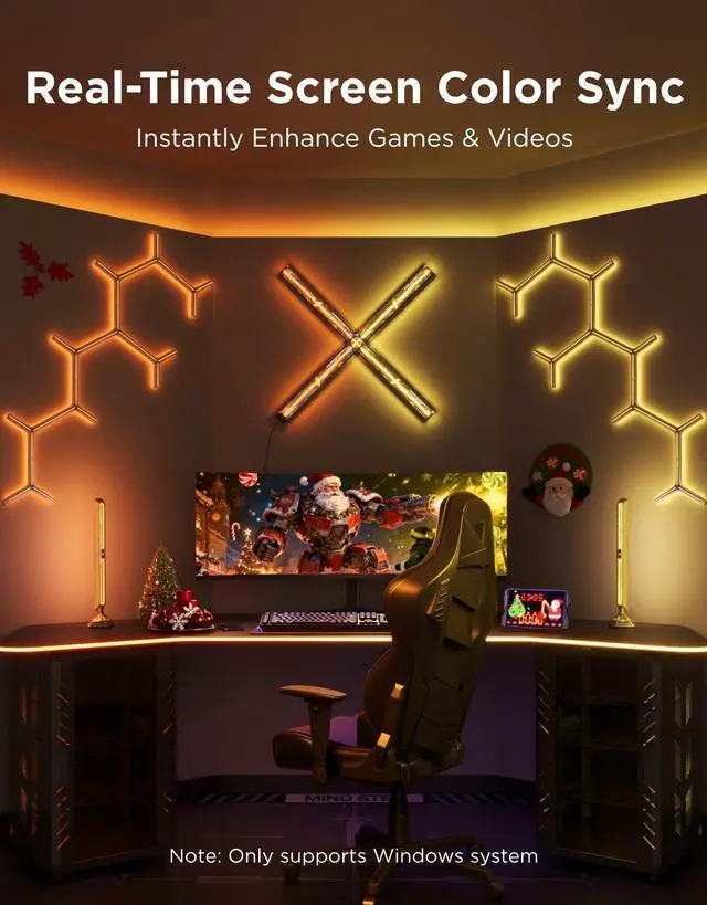 Alt view image 4 of 7 - Gaming Light Bars Pro, Upgraded 16-Inch Smart Triple-Sided RGBIC Illumination Wi-Fi LED Game Lights, Music Sync & 60+ Scene Modes, Works with Alexa & Google Home, Gaming Room Decor