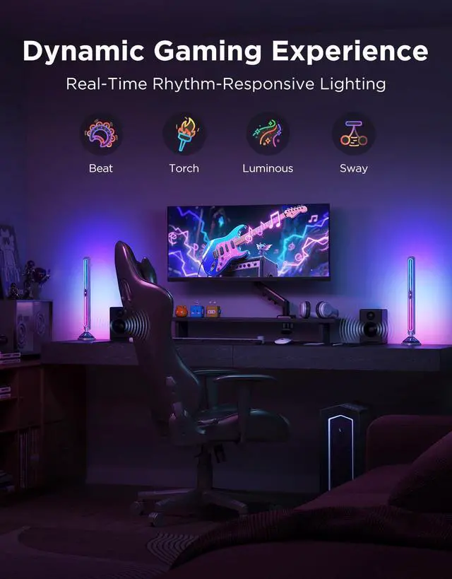 Alt view image 5 of 7 - Gaming Light Bars Pro, Upgraded 16-Inch Smart Triple-Sided RGBIC Illumination Wi-Fi LED Game Lights, Music Sync & 60+ Scene Modes, Works with Alexa & Google Home, Gaming Room Decor