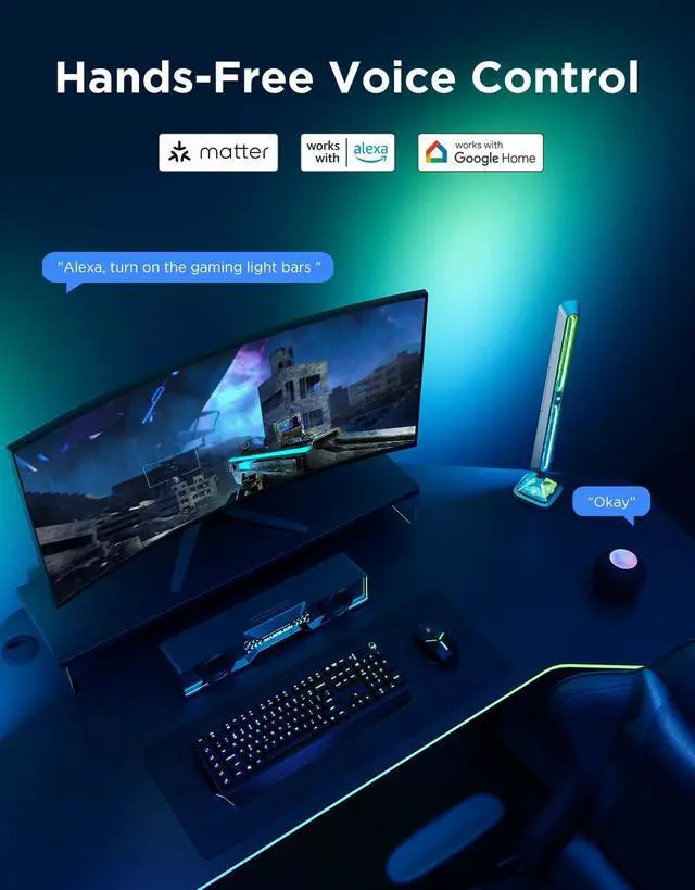 Alt view image 6 of 7 - Gaming Light Bars Pro, Upgraded 16-Inch Smart Triple-Sided RGBIC Illumination Wi-Fi LED Game Lights, Music Sync & 60+ Scene Modes, Works with Alexa & Google Home, Gaming Room Decor