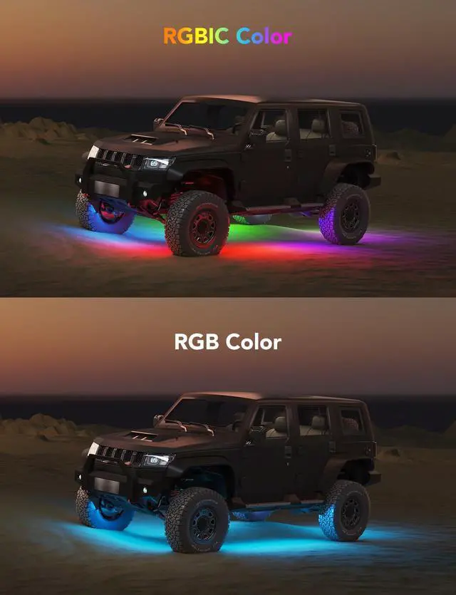 Alt view image 4 of 7 - Car Underglow Lights, 8 pcs RGBIC Under Car Lights with 16 Million Colors and 45 Scene Modes, Exterior Car Lights with App Control, 3 Music Modes LED Lights for Cars, SUVs, Trucks, DC 12-24V