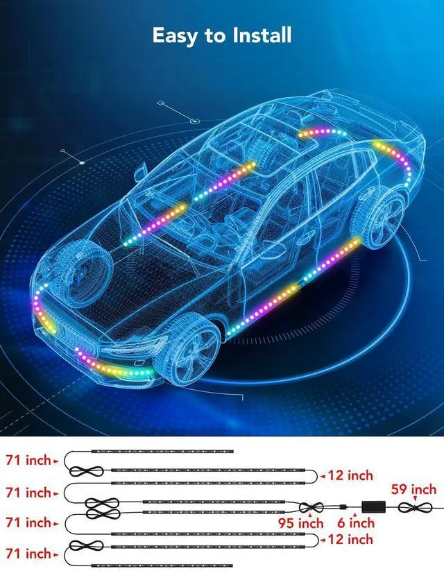 Alt view image 6 of 7 - Car Underglow Lights, 8 pcs RGBIC Under Car Lights with 16 Million Colors and 45 Scene Modes, Exterior Car Lights with App Control, 3 Music Modes LED Lights for Cars, SUVs, Trucks, DC 12-24V