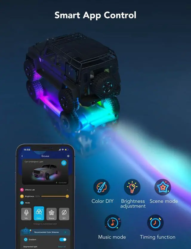 Alt view image 7 of 7 - Car Underglow Lights, 8 pcs RGBIC Under Car Lights with 16 Million Colors and 45 Scene Modes, Exterior Car Lights with App Control, 3 Music Modes LED Lights for Cars, SUVs, Trucks, DC 12-24V