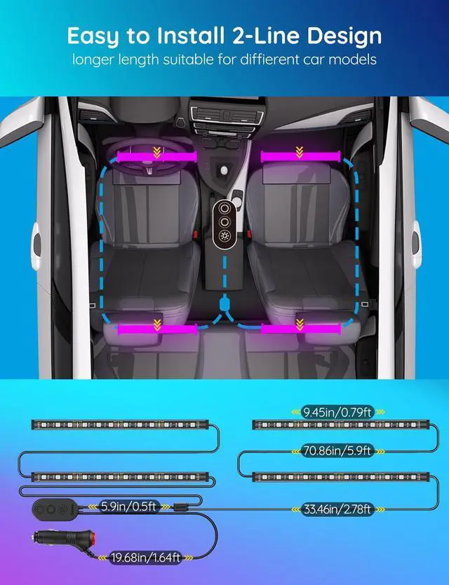 Alt view image 5 of 7 - Car LED Lights, Smart Car Interior Lights with App Control, RGB Lights with DIY Mode and Music Mode, 2 Lines Design LED Lights for Cars with Car Charger, 12V