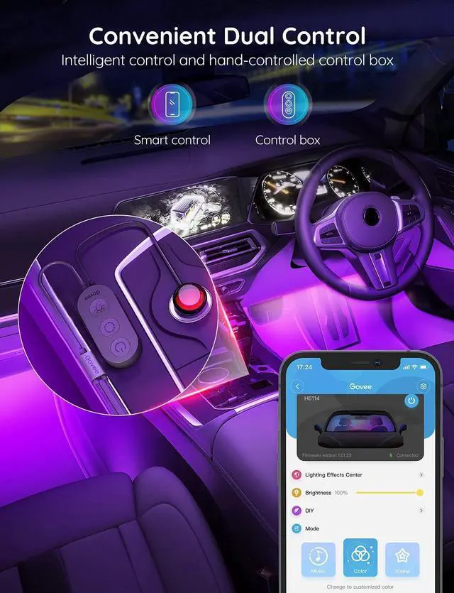 Alt view image 7 of 7 - Car LED Lights, Smart Car Interior Lights with App Control, RGB Lights with DIY Mode and Music Mode, 2 Lines Design LED Lights for Cars with Car Charger, 12V
