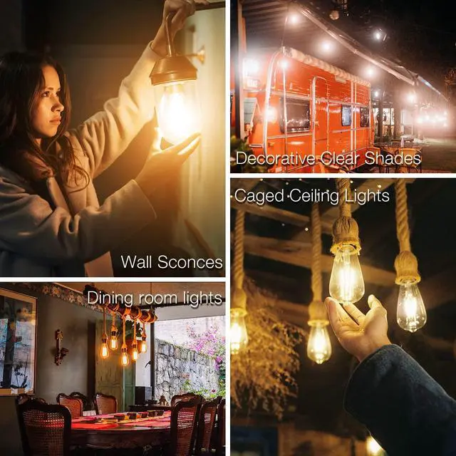 Alt view image 3 of 7 - 4 Pack Vintage LED Edison Bulbs, E26 Led Bulb 60W Equivalent, Dimmable Led Light Bulbs, High Brightness 800 LM Warm White 2700K, ST58 Antique LED Filament Bulbs, Clear Glass Style for Home