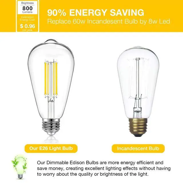 Alt view image 5 of 7 - 4 Pack Vintage LED Edison Bulbs, E26 Led Bulb 60W Equivalent, Dimmable Led Light Bulbs, High Brightness 800 LM Warm White 2700K, ST58 Antique LED Filament Bulbs, Clear Glass Style for Home