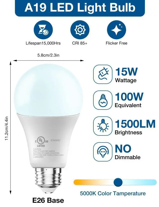 Alt view image 2 of 7 - LED Light Bulbs, A19 5000K Daylight Light Bulbs 100 Watt Equivalent, 1500LM Bright White Light Bulbs, E26 Standard Base, Non-Dimmable, 15 Watt Lightbulbs for Home Office, 12 Pack