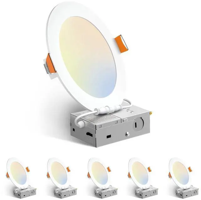Main image of 6 Pack 6 Inch 5CCT Ultra-Thin LED Recessed Ceiling Light with Junction Box, 2700K/3000K/3500K/4000K/5000K Selectable, 12W Eqv 110W 1050LM Brightness Dimmable Canless Wafer Downlight, ETL & FCC