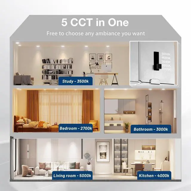 Alt view image 2 of 7 - 6 Pack 6 Inch 5CCT Ultra-Thin LED Recessed Ceiling Light with Junction Box, 2700K/3000K/3500K/4000K/5000K Selectable, 12W Eqv 110W 1050LM Brightness Dimmable Canless Wafer Downlight, ETL & FCC