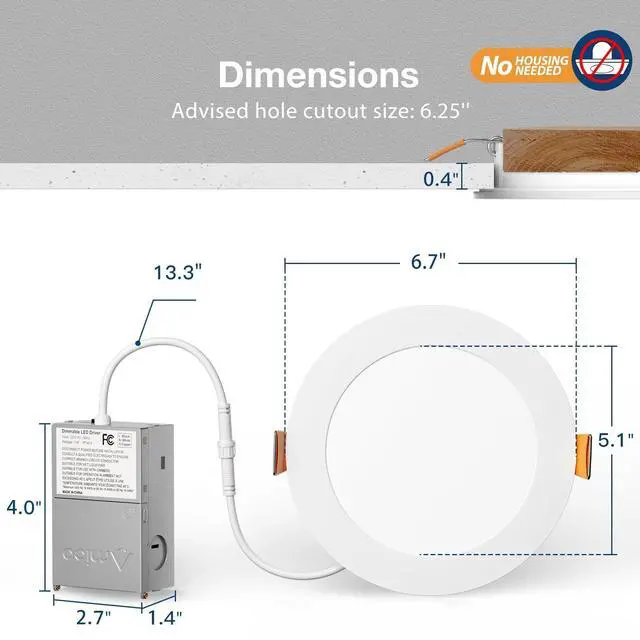 Alt view image 6 of 7 - 6 Pack 6 Inch 5CCT Ultra-Thin LED Recessed Ceiling Light with Junction Box, 2700K/3000K/3500K/4000K/5000K Selectable, 12W Eqv 110W 1050LM Brightness Dimmable Canless Wafer Downlight, ETL & FCC