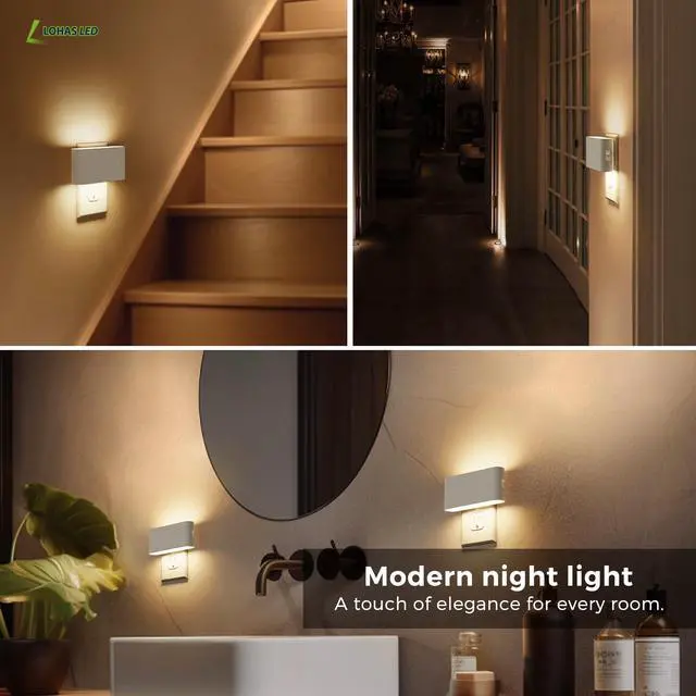 Alt view image 7 of 7 - LED Night Light, 2 Pack Dimmable Modern LED Night Lights Plug into Wall,Dusk to Dawn Sensor Night Lights for Kid, 0-100LM 3000K Soft White Nightlight for Hallway Bedroom Stairway
