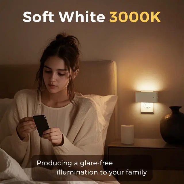 Alt view image 6 of 7 - LED Night Light, 2 Pack Dimmable Modern LED Night Lights Plug into Wall,Dusk to Dawn Sensor Night Lights for Kid, 0-100LM 3000K Soft White Nightlight for Hallway Bedroom Stairway