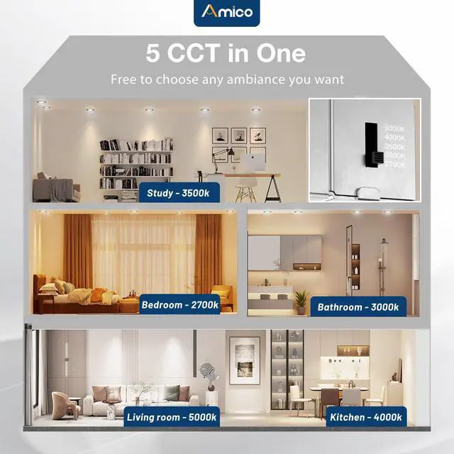 Alt view image 2 of 7 - Black 1 Pack 6 Inch 5CCT Ultra-Thin LED Recessed Ceiling Light with J-Box, 2700K/3000K/3500K/4000K/5000K Selectable, 12W Eqv 110W, Dimmable Canless Downlight, 1050LM High Brightness, ETL&FCCHS