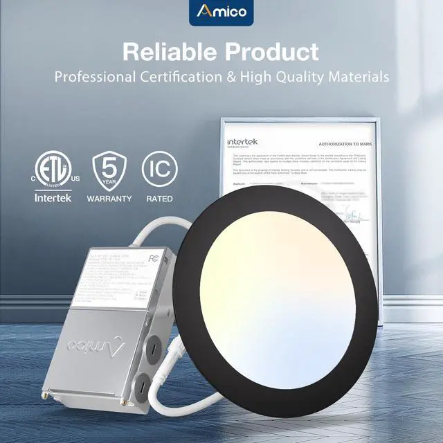 Alt view image 6 of 7 - Black 1 Pack 6 Inch 5CCT Ultra-Thin LED Recessed Ceiling Light with J-Box, 2700K/3000K/3500K/4000K/5000K Selectable, 12W Eqv 110W, Dimmable Canless Downlight, 1050LM High Brightness, ETL&FCCHS