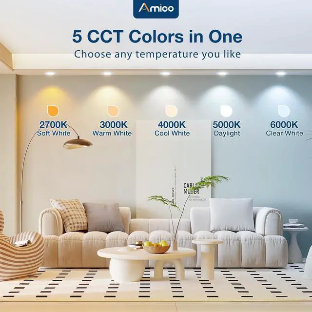 Alt view image 4 of 5 - 1 Pack 5/6 inch 5CCT LED Recessed Lighting, Dimmable, IC & Damp Rated, 12.5W=100W, 950LM Can Lights with Baffle Trim, 2700K/3000K/4000K/5000K/6000K Selectable, Retrofit Installation - ETL & FCC