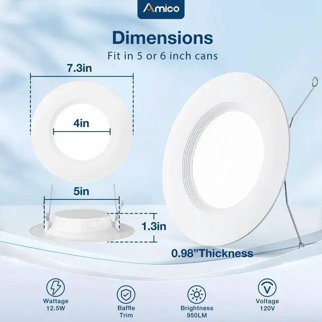 Alt view image 5 of 5 - 1 Pack 5/6 inch 5CCT LED Recessed Lighting, Dimmable, IC & Damp Rated, 12.5W=100W, 950LM Can Lights with Baffle Trim, 2700K/3000K/4000K/5000K/6000K Selectable, Retrofit Installation - ETL & FCC