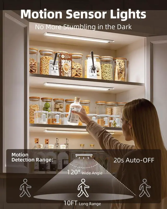 Alt view image 2 of 7 - Under Cabinet Lights,14.5'' Motion Sensor Light Indoor Dimmable, Super Bright 4000mAh Rechargeable Closet Lights 5700K with Remote Control, Wireless Under Counter Light for Kitchen,Cabinet