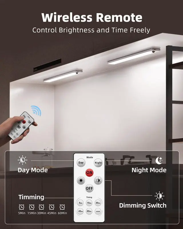 Alt view image 6 of 7 - Under Cabinet Lights,14.5'' Motion Sensor Light Indoor Dimmable, Super Bright 4000mAh Rechargeable Closet Lights 5700K with Remote Control, Wireless Under Counter Light for Kitchen,Cabinet