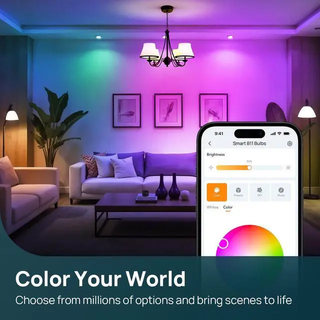 Alt view image 5 of 7 - Matter Smart Bulbs, E12 Led Bulb Works with Alexa/Apple Home/Google Home, Smart Light Bulbs, WiFi Candelabra B11 Bulbs, RGBTW Color Changing Light Bulb, 2.4Ghz WiFi Bulb, 470 LM 4 Pack