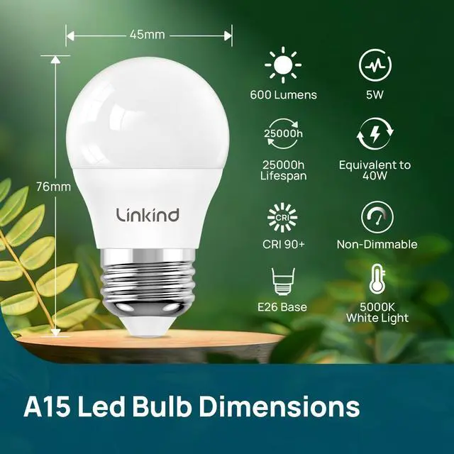 Alt view image 2 of 7 - Led Refrigerator Light Bulbs, A15 Fridge Light Bulbs 40 Watts Equivalent Waterproof, 600LM Appliance Light Bulb 120V Non-dimmable 5W LED Bulbs for Freezer, E26 Base, Daylight 5000K, 2 Pack