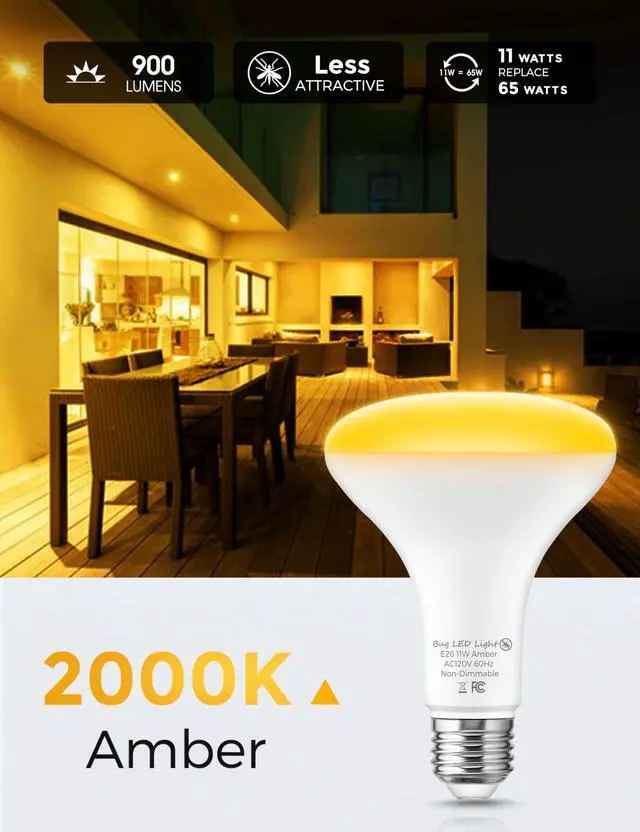 Alt view image 3 of 7 - LED Yellow Bug Light Bulbs Outdoor, 65W Equivalent BR30 Bug Flood Lights for Outside, Non-Attracting, 11W Amber Porch Lights, E26 Base, Non-Dimmable, for Patio Deck Backyard, 3 Pack