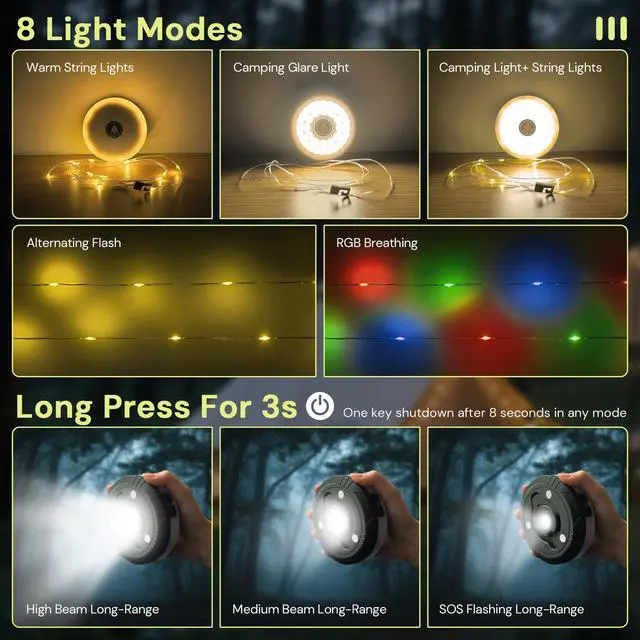 Alt view image 5 of 7 - LED Upgraded 2 Packs Camping String Lights, 4 in 1 Quick Recovery Waterproof Camping Lights, 32.8FT with 8 Modes, Camping Essentials for Yard, Tent, Hiking, Patio, and Christmas Decor