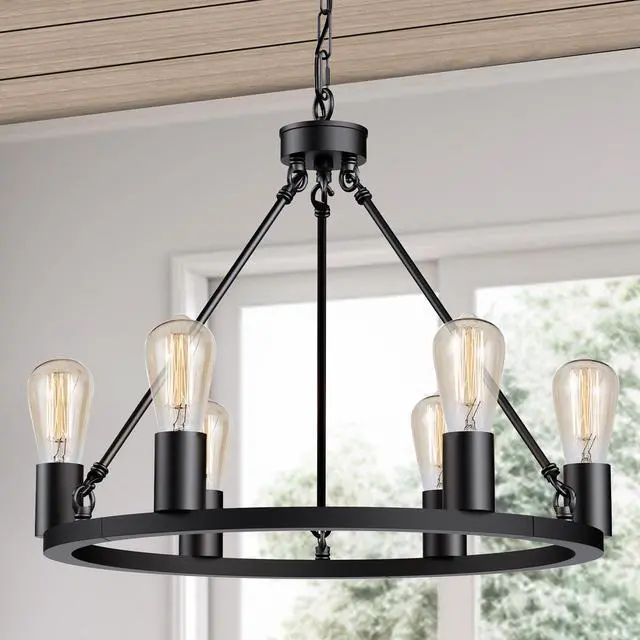 Main image of LED Black Farmhouse Chandeliers for Dining Room, 6-Light Wagon Wheel Chandelier Over Table, Height Adjustable, 19" Dining Room Light Fixtures, Modern Chandelier for Kitchen Island Living Room