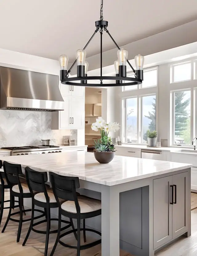 Alt view image 3 of 7 - LED Black Farmhouse Chandeliers for Dining Room, 6-Light Wagon Wheel Chandelier Over Table, Height Adjustable, 19" Dining Room Light Fixtures, Modern Chandelier for Kitchen Island Living Room