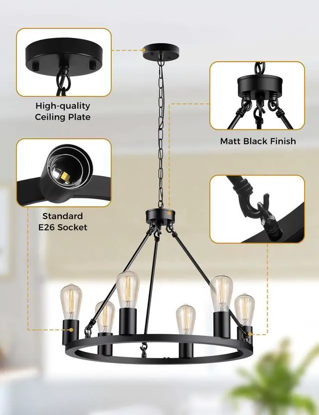 Alt view image 5 of 7 - LED Black Farmhouse Chandeliers for Dining Room, 6-Light Wagon Wheel Chandelier Over Table, Height Adjustable, 19" Dining Room Light Fixtures, Modern Chandelier for Kitchen Island Living Room
