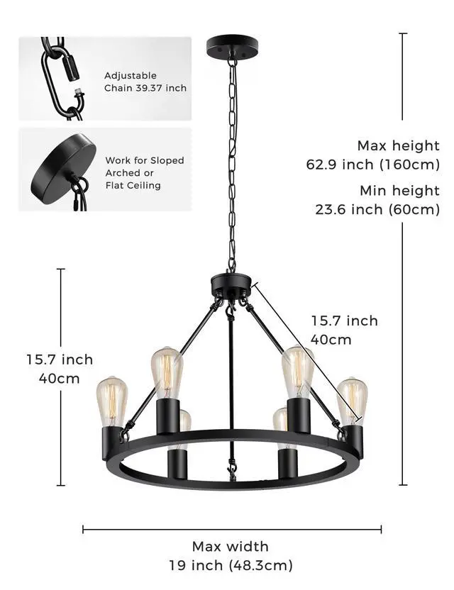 Alt view image 6 of 7 - LED Black Farmhouse Chandeliers for Dining Room, 6-Light Wagon Wheel Chandelier Over Table, Height Adjustable, 19" Dining Room Light Fixtures, Modern Chandelier for Kitchen Island Living Room