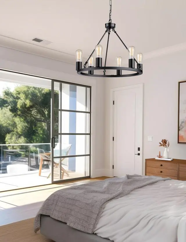 Alt view image 7 of 7 - LED Black Farmhouse Chandeliers for Dining Room, 6-Light Wagon Wheel Chandelier Over Table, Height Adjustable, 19" Dining Room Light Fixtures, Modern Chandelier for Kitchen Island Living Room