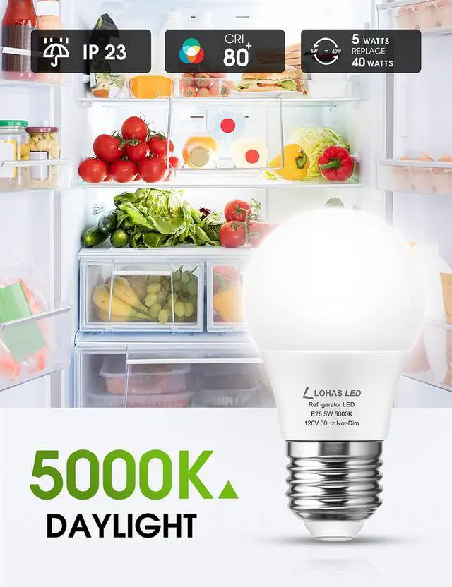 Alt view image 2 of 7 - LED Refrigerator Light Bulb, 40W Equivalent 120V A15 Fridge Waterproof Bulbs, 5W E26 Medium Base Daylight White 5000K for Freezer Home Kitchen Lighting, Non-dimmable, 2 Pack