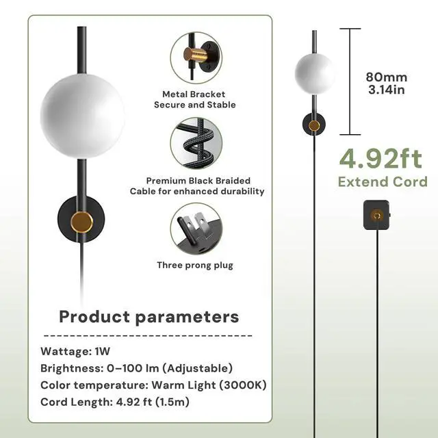 Alt view image 7 of 7 - LED Night Lights Plug into Wall, Dimmable Night Light, Dusk to Dawn Sensor, 0-100LM Adjustable Brightness, Soft White 3000K Globe Shade Milky Nightlight with 4.92ft Cord for Bathroom, Hallway