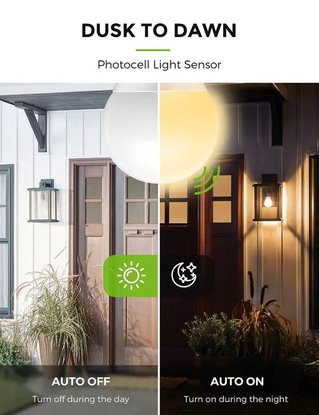 Alt view image 3 of 6 - Dusk to Dawn Sensor Light Bulbs, 40W Equivalent LED Outdoor Lighting, Warm White 2700K Automatic Photocell Light Bulb Outside, A19 6W Bright Porch Light Bulbs, 500LM E26 for Garage Patio,4 Pack