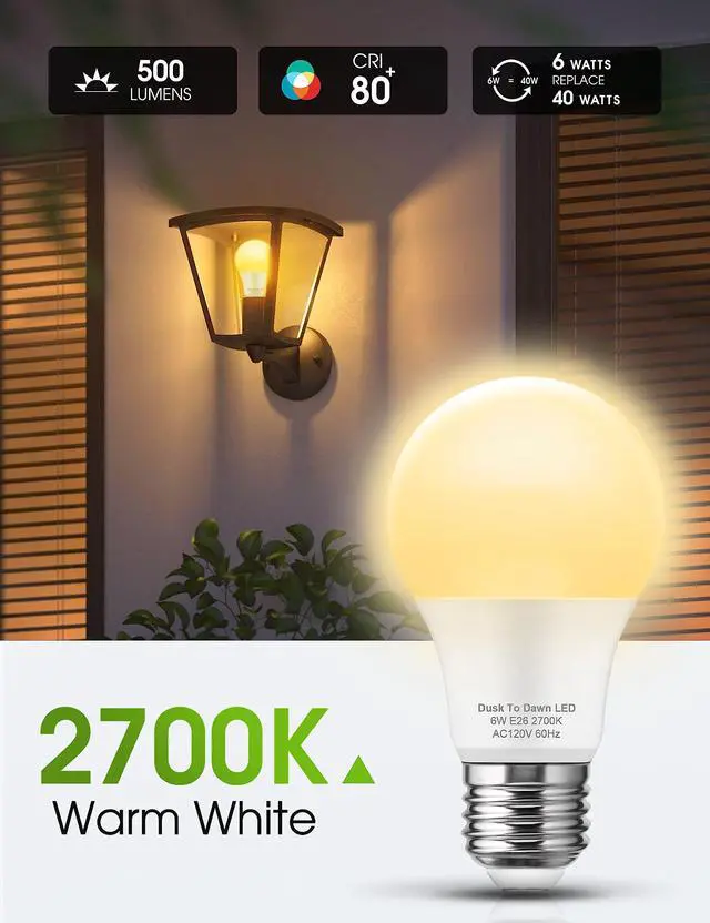 Alt view image 2 of 6 - Dusk to Dawn Sensor Light Bulbs, 40W Equivalent LED Outdoor Lighting, Warm White 2700K Automatic Photocell Light Bulb Outside, A19 6W Bright Porch Light Bulbs, 500LM E26 for Garage Patio,4 Pack